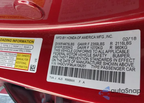 2018 Honda Accord Touring z USA, uszkodzony, nr VIN 1HGCV1F96JA106251